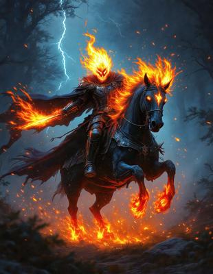 Primary subject: A man riding a horse with flames on its head.

Setting/background: A dark forest with a stormy sky.

Visual style: Digital art.

Colors and mood: The image is in black and orange, creating a dramatic and intense atmosphere.